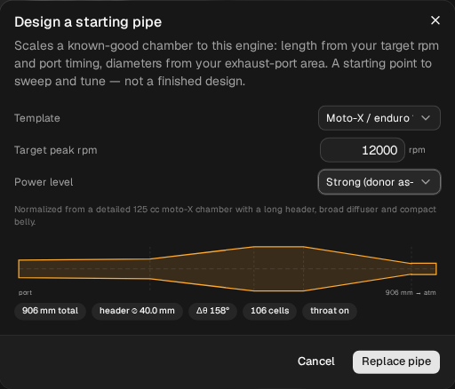 The calculator set to Moto-X / enduro 125, 12000 rpm, Strong, with the profile preview and the 906 mm total, header ⌀ 40.0 mm, Δθ 158°, 106 cells and throat on badges