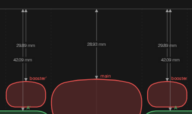 Close-up of the Port map with the valve open: the dimension from the deck to the roof of each exhaust window reads 28.93 mm for the main and 29.89 mm for each booster.