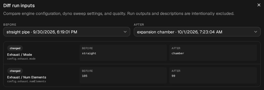 The Diff run inputs dialog, Before straight pipe and After expansion chamber, listing two changes: Exhaust / Mode, straight to chamber, and Exhaust / Num Elements, 105 to 99.