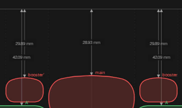 Close-up of the Port map at baseline: the dimension from the deck to the roof of each exhaust window reads 28.93 mm for the main and 29.89 mm for each booster.