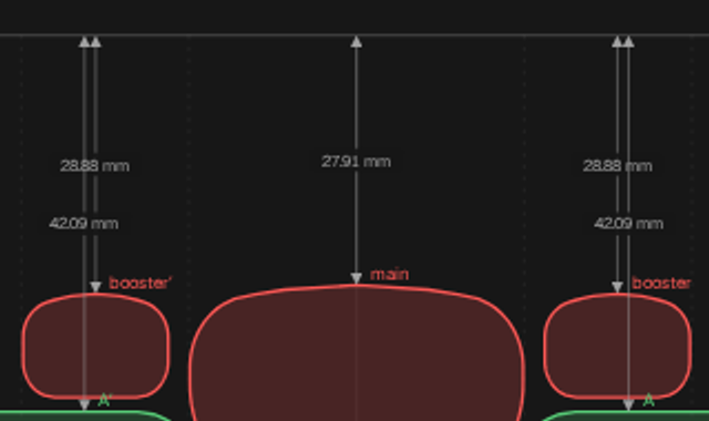 Close-up of the Port map after the 1 mm raise: 27.91 mm from the deck to the roof of the main window and 28.88 mm for each booster.