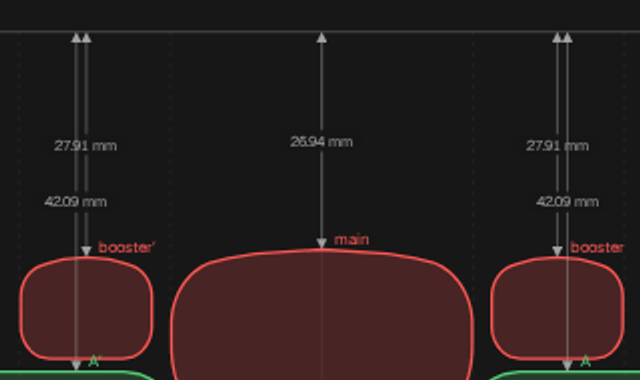 Close-up of the Port map after the 2 mm raise: 26.94 mm from the deck to the roof of the main window and 27.91 mm for each booster.