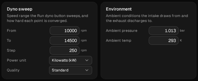 Run, Setup: the Dyno sweep card with From 10000, To 14500, Step 250 rpm, Power unit Kilowatts and Quality Standard; the Environment card with Ambient pressure 1.013 bar and Ambient temp 293 K.