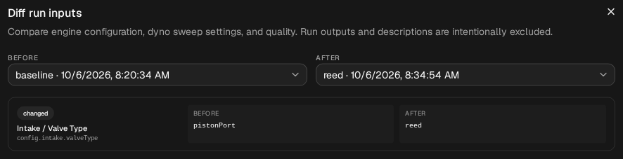 The Diff run inputs dialog, Before baseline and After reed, listing one change: Intake / Valve Type, pistonPort to reed.